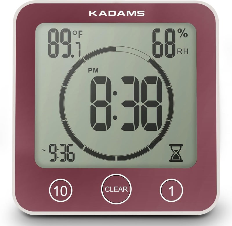 KADAMS Digital Bathroom Shower Kitchen Wall Clock Timer with Alarm, Waterproof for Water Spray, Touch Screen Timer, Temperature Humidity, Suction Cup Hanging Hole Stand - Terra Rose - Image 1