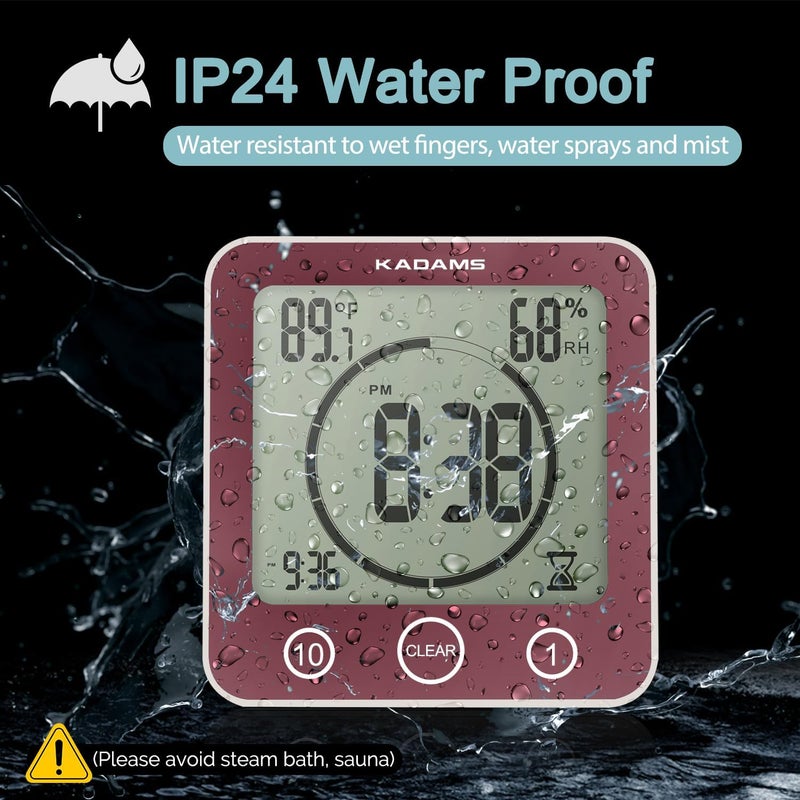 KADAMS Digital Bathroom Shower Kitchen Wall Clock Timer with Alarm, Waterproof for Water Spray, Touch Screen Timer, Temperature Humidity, Suction Cup Hanging Hole Stand - Terra Rose - Image 3
