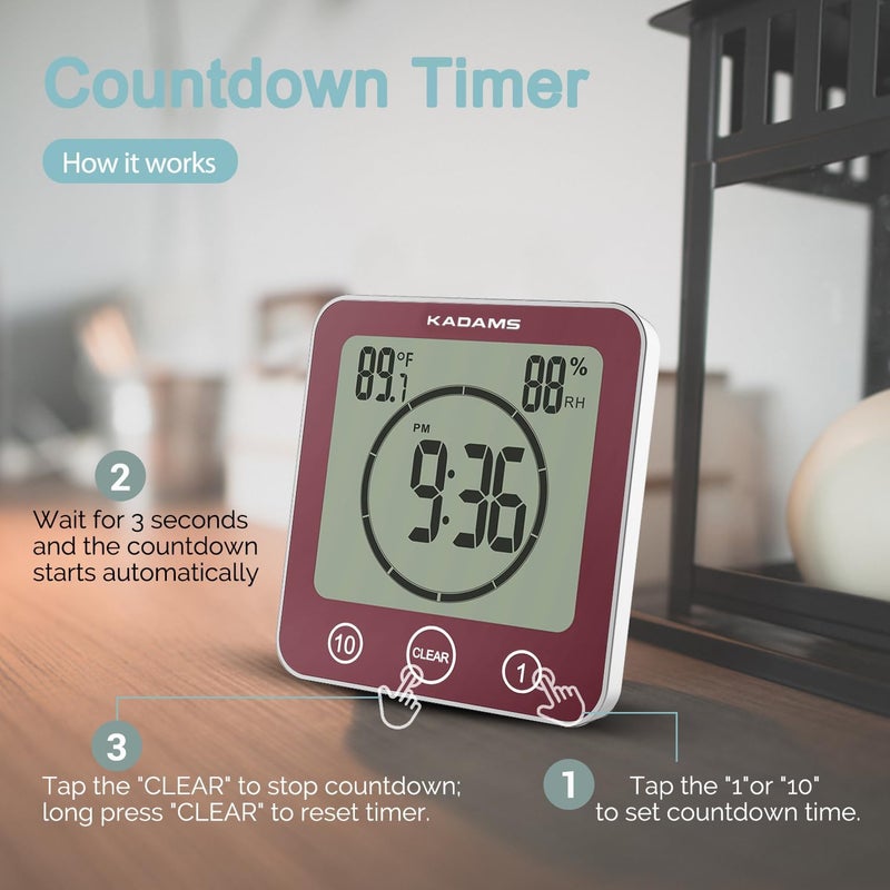 KADAMS Digital Bathroom Shower Kitchen Wall Clock Timer with Alarm, Waterproof for Water Spray, Touch Screen Timer, Temperature Humidity, Suction Cup Hanging Hole Stand - Terra Rose - Image 5