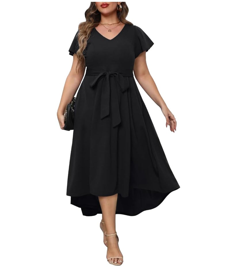 TATAIYA Women Plus Size V-Neck High-Low Maxi Maxi Gown Dress (Black_5XL) - Image 5