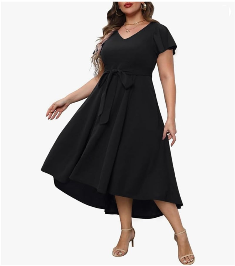 TATAIYA Women Plus Size V-Neck High-Low Maxi Maxi Gown Dress (Black_5XL) - Image 3