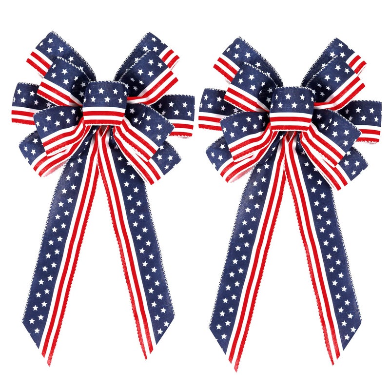 2 Pack 4th of July Decor Bow for WreathRed White Blue Stripe Stars Tree Topper Bows for PatrioticIndependence DayMemorial DayVeterans DayFront Door Indoor Outdoor Decorations