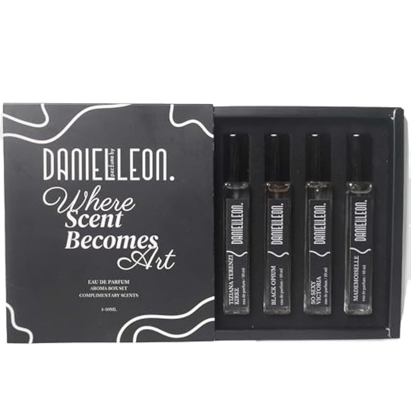 Daniel Leon Women’s Perfume Package Set | 4×10ml Inspired Fragrance Testers | So Sexy, Mademoiselle, Black Opium & Kirke | Long-Lasting - Image 1