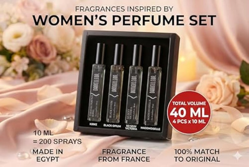 Daniel Leon Women’s Perfume Package Set | 4×10ml Inspired Fragrance Testers | So Sexy, Mademoiselle, Black Opium & Kirke | Long-Lasting - Image 2