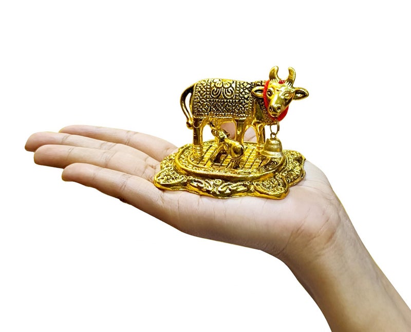 NOBILITY Pooja Items Diwali Gift Golden Small Kamdhenu Cow with Calf Metal Statue Decorative Item Showpiece for Home Office Decoration Wedding Return Gifts - Image 2
