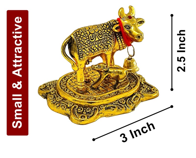 NOBILITY Pooja Items Diwali Gift Golden Small Kamdhenu Cow with Calf Metal Statue Decorative Item Showpiece for Home Office Decoration Wedding Return Gifts - Image 3