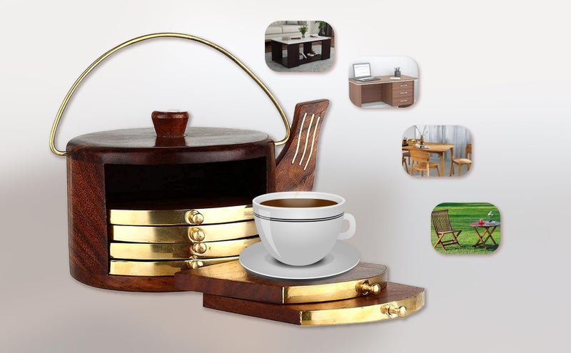Woodiva Handmade Rosewood Kettle-Shaped Coaster Set – Set of 6 Wooden Drink Coasters with Brass Inlay for Kitchen, Dining Table & Coffee Table - Image 3