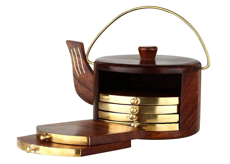 Woodiva Handmade Rosewood Kettle-Shaped Coaster Set – Set of 6 Wooden Drink Coasters with Brass Inlay for Kitchen, Dining Table & Coffee Table - Image 2