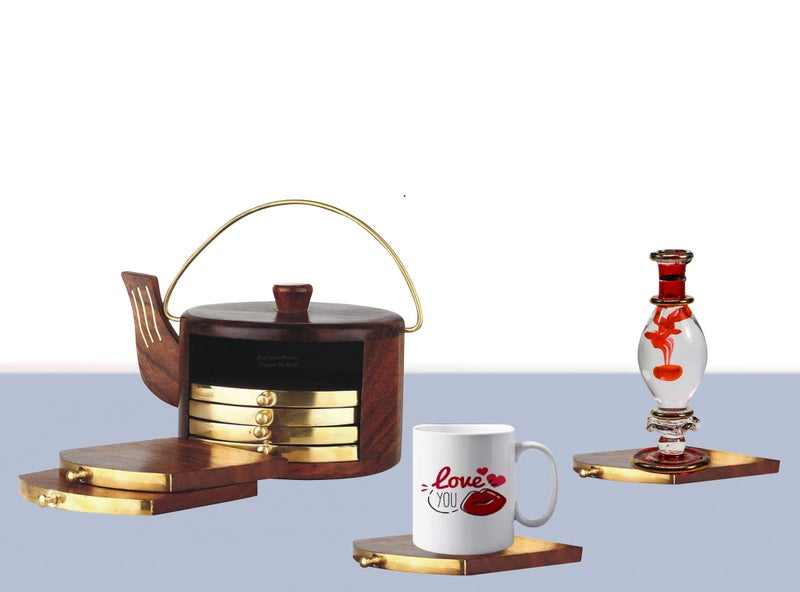 Woodiva Handmade Rosewood Kettle-Shaped Coaster Set – Set of 6 Wooden Drink Coasters with Brass Inlay for Kitchen, Dining Table & Coffee Table - Image 4