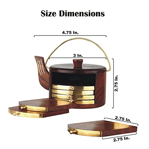 Woodiva Handmade Rosewood Kettle-Shaped Coaster Set – Set of 6 Wooden Drink Coasters with Brass Inlay for Kitchen, Dining Table & Coffee Table - Image 5
