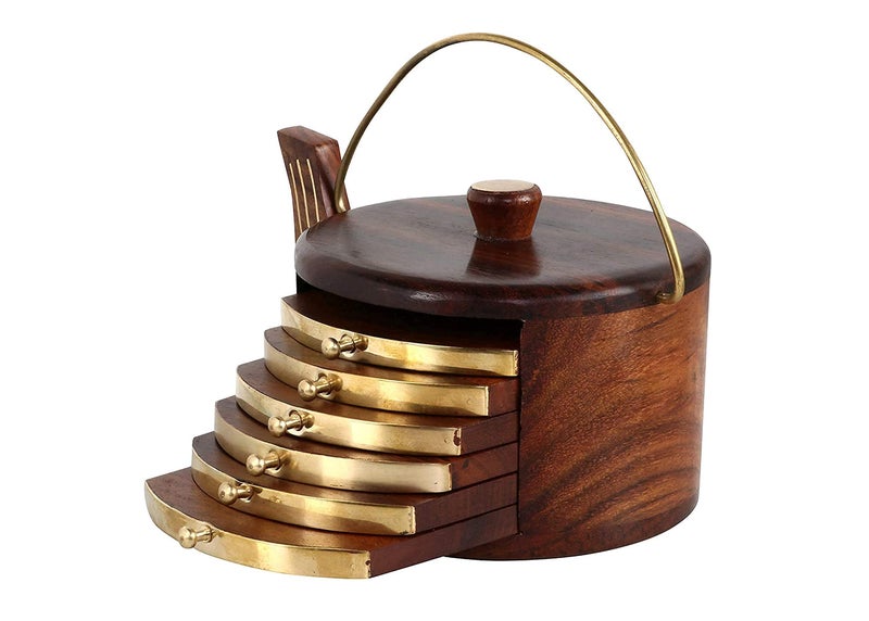 Woodiva Handmade Rosewood Kettle-Shaped Coaster Set – Set of 6 Wooden Drink Coasters with Brass Inlay for Kitchen, Dining Table & Coffee Table - Image 1
