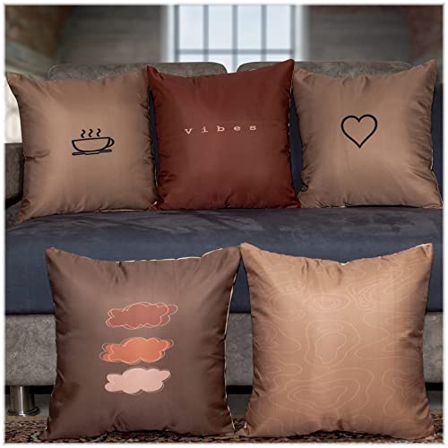 Vendola Mocha Microfiber Satin 250TC Cushion Pillow Covers, Coffee Brown, Set of 5 (16X16 Inches) (16X16 Inches with Fillers, Mocha) - Image 1