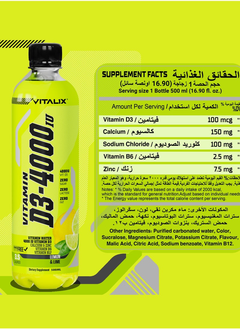 Vitamin D3-4000 Vitamin Water - Lemon & Lime Flavour Zero Sugar, with Calcium and Zinc, 500mL, Pack of 12