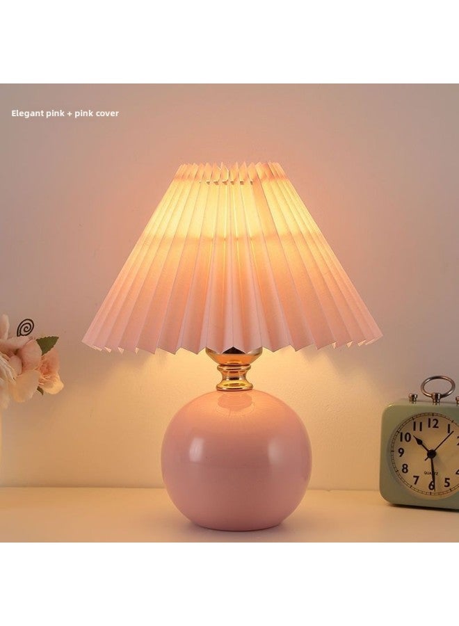 Generic Nordic Ins Style Bedroom Bedside Lamp Net Red Light Girl Warm Nightlight High-end Ceramic Pleated Table Lamp-Color:Pink Ceramic Pink Cover-Tri-Color Dimming 7W - Image 1