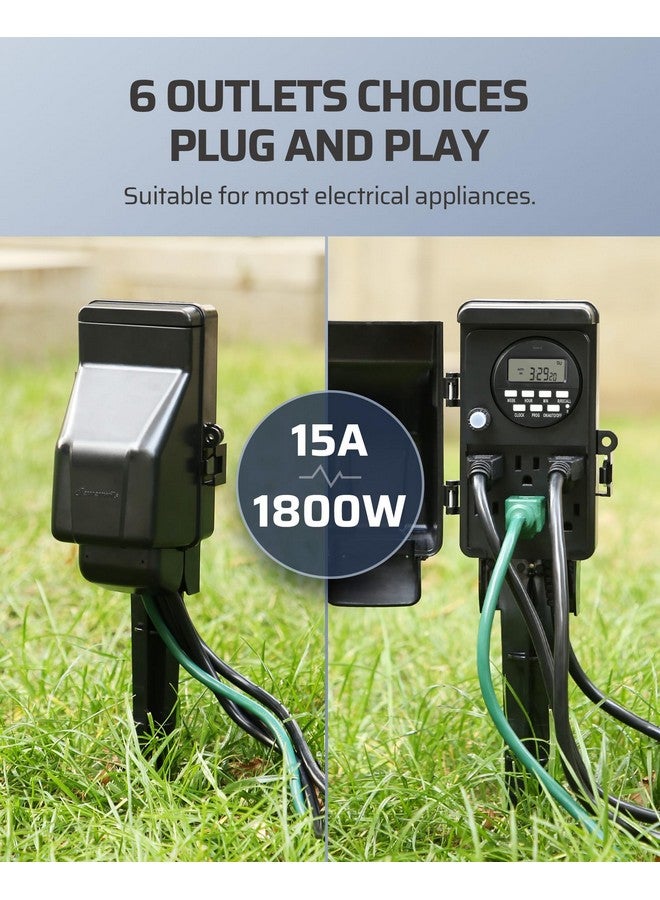 ديوينويلز مؤقت شريط الطاقة الرقمي الخارجي من DEWENWILS، مؤقت متعدد المقابس الخارجية، عمود طاقة للحديقة مقاوم للماء بستة منافذ، سلك بطول 6 أقدام، مؤقت خارجي للإضاءة والفناء والحديقة، 15 أمبير عالي التحمل - Image 4