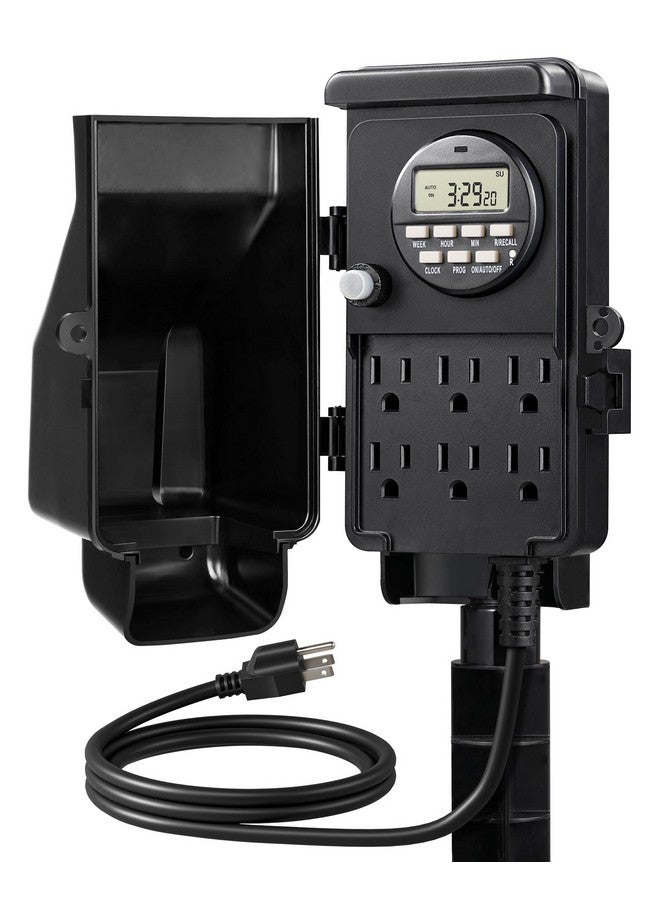 ديوينويلز مؤقت شريط الطاقة الرقمي الخارجي من DEWENWILS، مؤقت متعدد المقابس الخارجية، عمود طاقة للحديقة مقاوم للماء بستة منافذ، سلك بطول 6 أقدام، مؤقت خارجي للإضاءة والفناء والحديقة، 15 أمبير عالي التحمل - Image 1