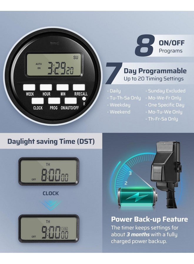 ديوينويلز مؤقت شريط الطاقة الرقمي الخارجي من DEWENWILS، مؤقت متعدد المقابس الخارجية، عمود طاقة للحديقة مقاوم للماء بستة منافذ، سلك بطول 6 أقدام، مؤقت خارجي للإضاءة والفناء والحديقة، 15 أمبير عالي التحمل - Image 2