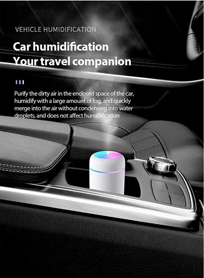 اتش 2 او مرطب هواء صغير بسعة 300 مللي USB مرطب هواء للمكتب بتقنية الأمواج فوق الصوتية مع جهاز تشغيل العطور بشكل هادئ مناسب للاستخدام في السيارة وغرفة النوم والمكتب - Image 5