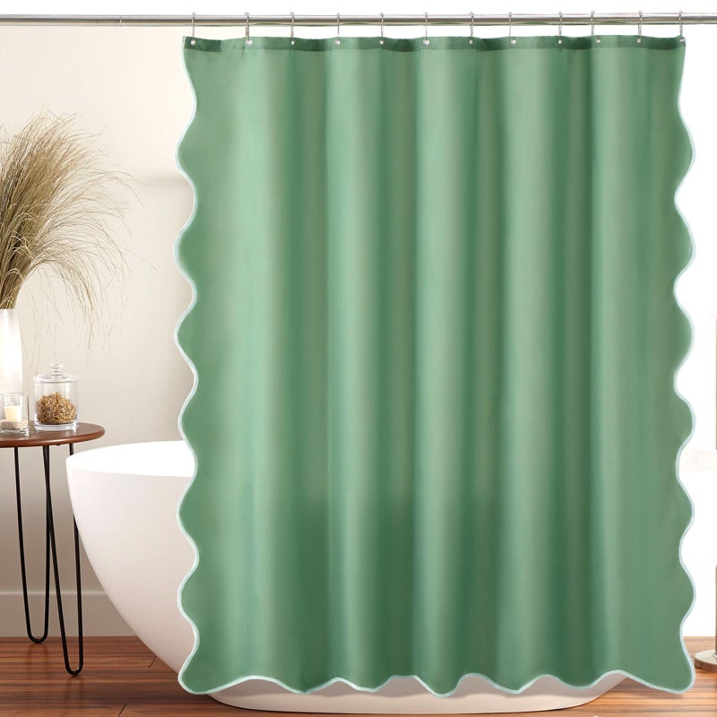 ORTIGIA Green Scalloped Shower Curtain  Cute Boho Preppy Sage Green Shower Curtains Aesthetic Waterproof Fabric Shabby Chic Bath Bathroom Decor with Metal Hook 72 W x 72 H Inch - Image 1