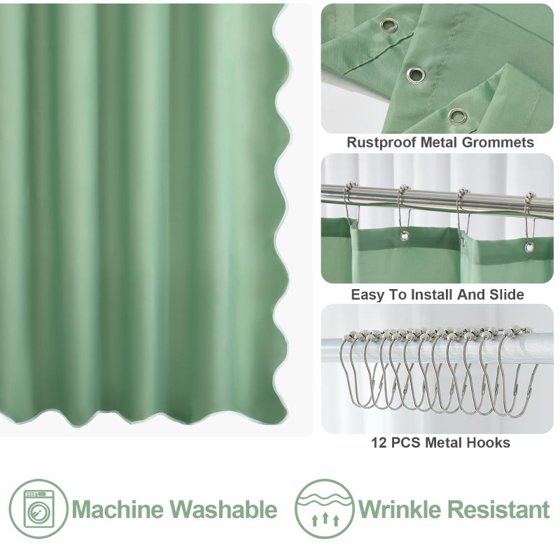 ORTIGIA Green Scalloped Shower Curtain  Cute Boho Preppy Sage Green Shower Curtains Aesthetic Waterproof Fabric Shabby Chic Bath Bathroom Decor with Metal Hook 72 W x 72 H Inch - Image 4