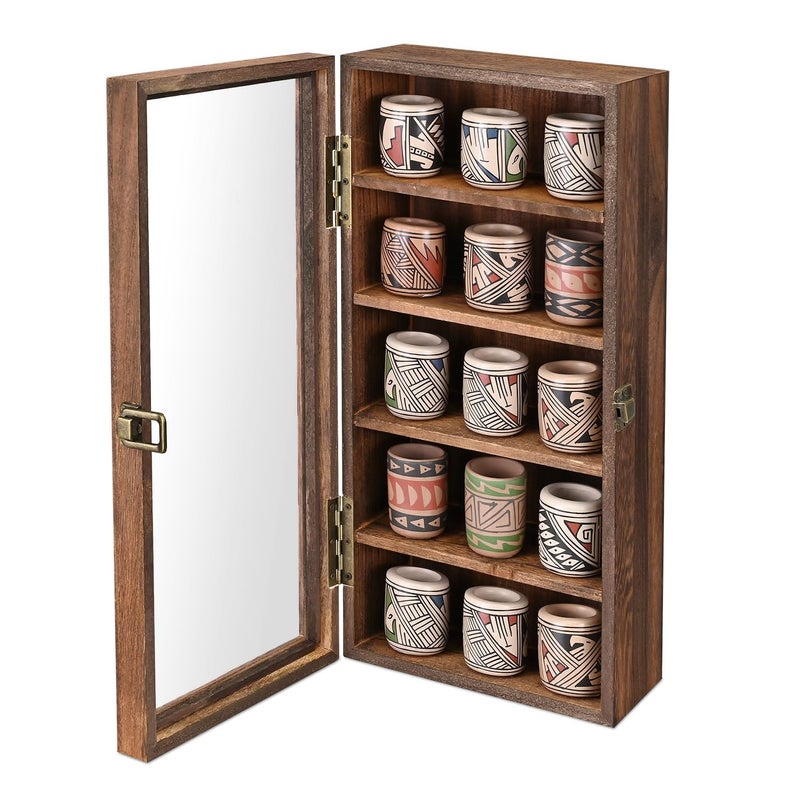 Ikee Design Wall Mounted Wooden Collectible Display Case 5 Shelf Display Storage Accessories with Tempered Glass Door, Sunglass Cabinet, Wall Shadow Box, Brown Color - Image 1