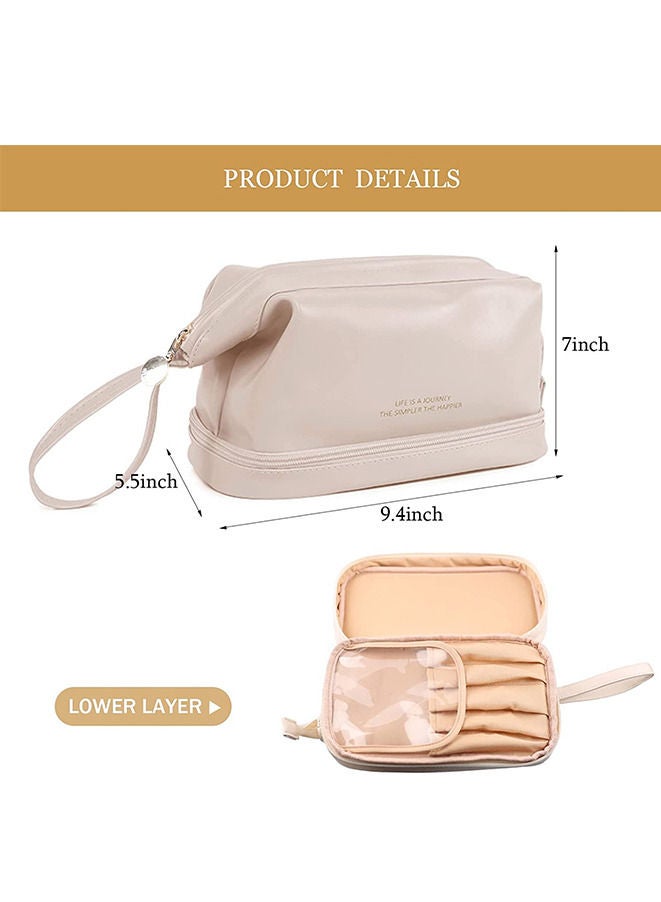 Travel Makeup Bag Large Capacity Waterproof Portable Leather Double-Layered Cosmetic Bag - Image 3