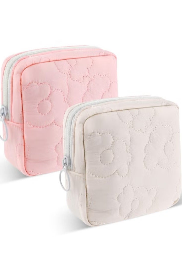 2 Pcs Embroidery Sanitary Napkin Storage Bag, Sanitary Napkin Storage Bag, Tampon Bag with, Menstrual Cup Pouches, Sanitary Pads Organizer with Zipper, for Teen Aged Girls (Pink+White) - Image 1