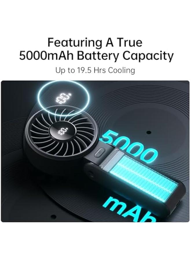 Loquat Handheld Fan Life7 – Ultimate Flexibility: High-Power Motor, LED Display, 5000mAh Rechargeable, 5-Speed, Foldable Design, 3-IN-1 Portable Hand/Desk/Neck Fan for Travel, Gift for Women (Black) - Image 5