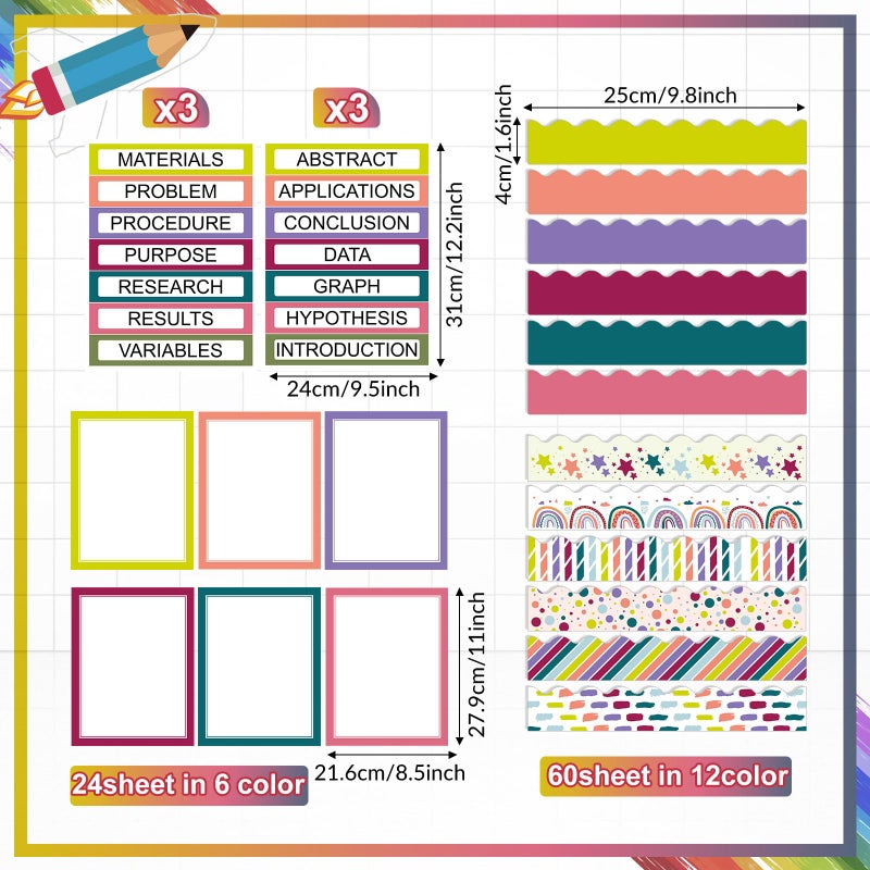 Fuyoooo 90 Pcs Science Fair Board Supplies 60 Trim Scalloped Bulletin Board Borders 24 Presentation Board Subtitles 6 Science Fair Titles for Classroom Display Boards(Classic) - Image 2