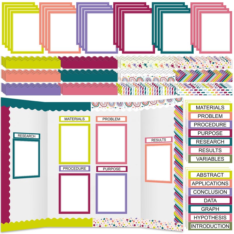 Fuyoooo 90 Pcs Science Fair Board Supplies 60 Trim Scalloped Bulletin Board Borders 24 Presentation Board Subtitles 6 Science Fair Titles for Classroom Display Boards(Classic) - Image 1