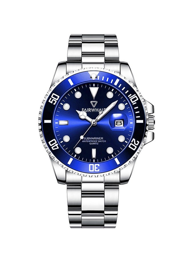 Men's Waterproof Stainless Steel Submariner Analog Wrist Watch - 40mm - Silver & Blue