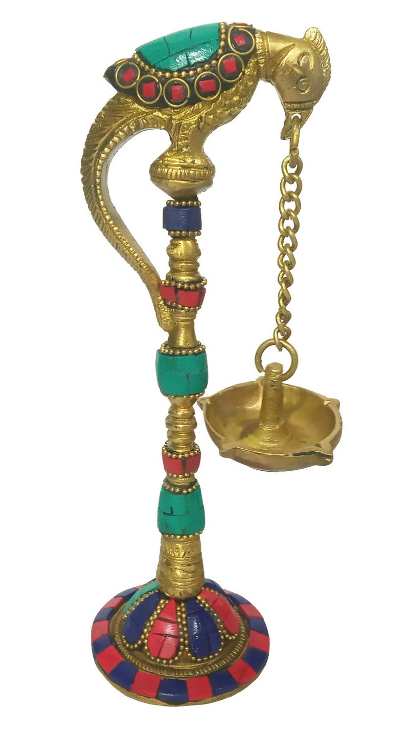 Purpledip Brass Peacock Oil Lamp: Hanging 5-Diya Deepam with Gemstones (11577A) - Image 2