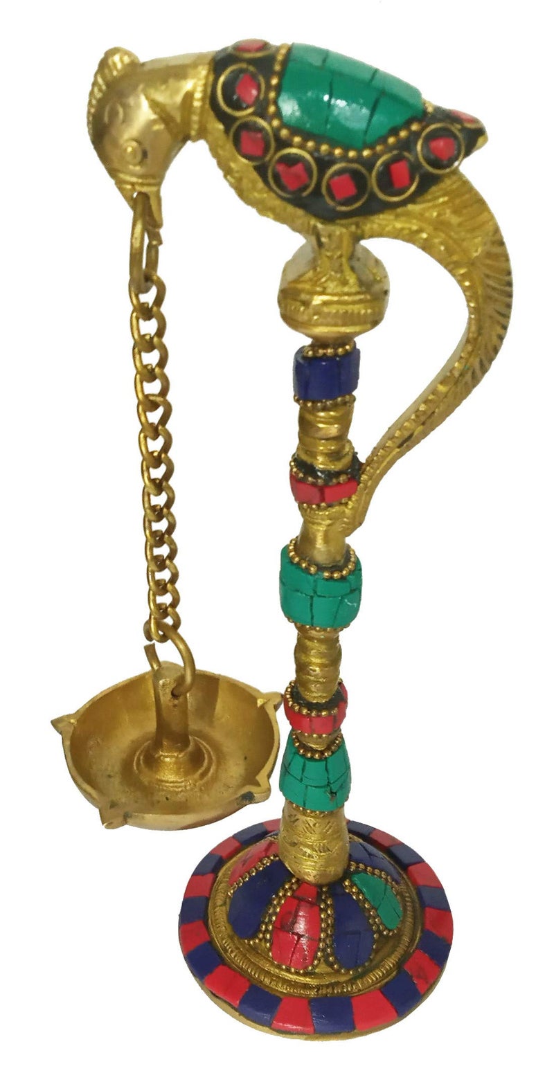 Purpledip Brass Peacock Oil Lamp: Hanging 5-Diya Deepam with Gemstones (11577A) - Image 5