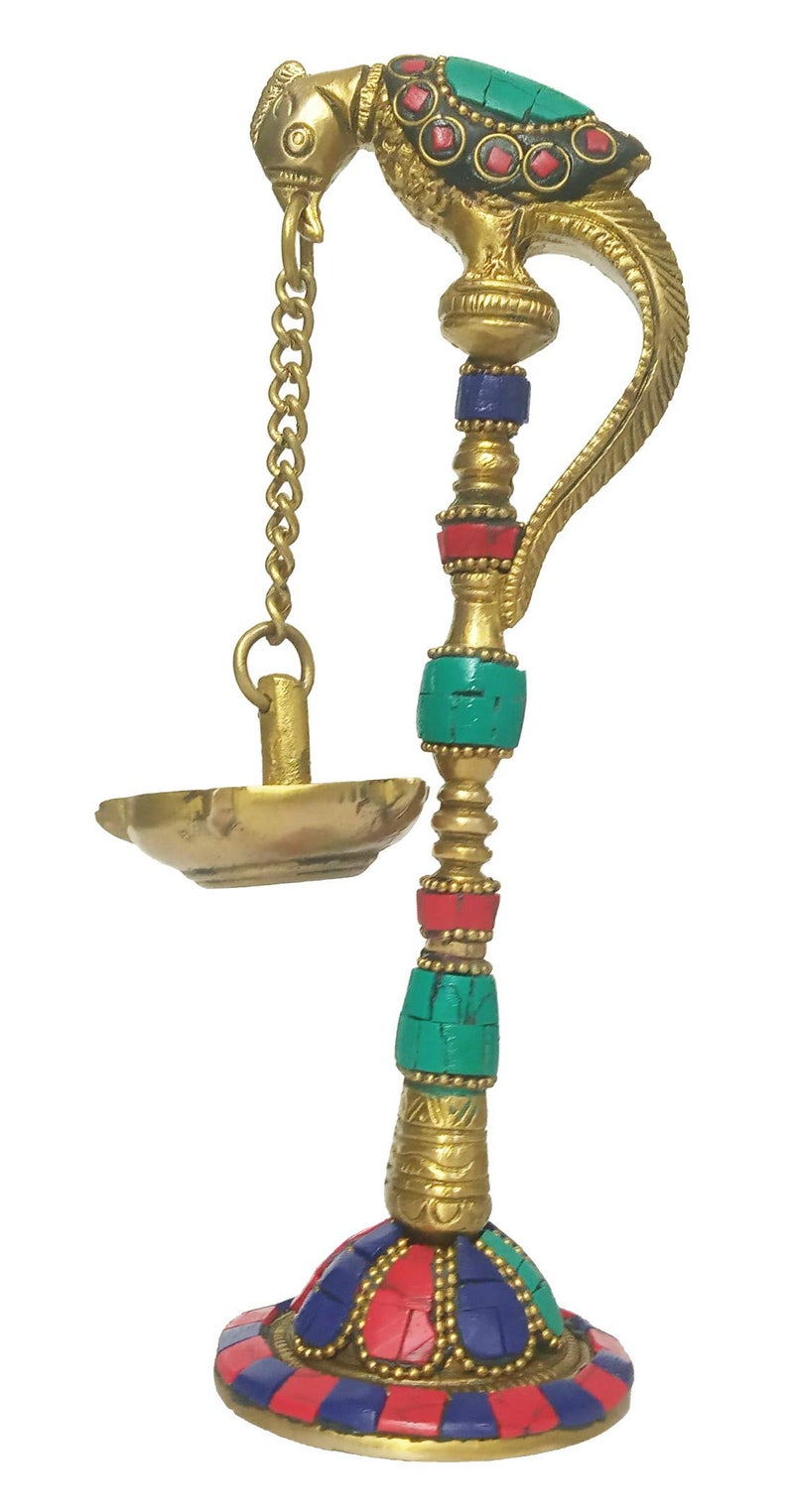 Purpledip Brass Peacock Oil Lamp: Hanging 5-Diya Deepam with Gemstones (11577A) - Image 4