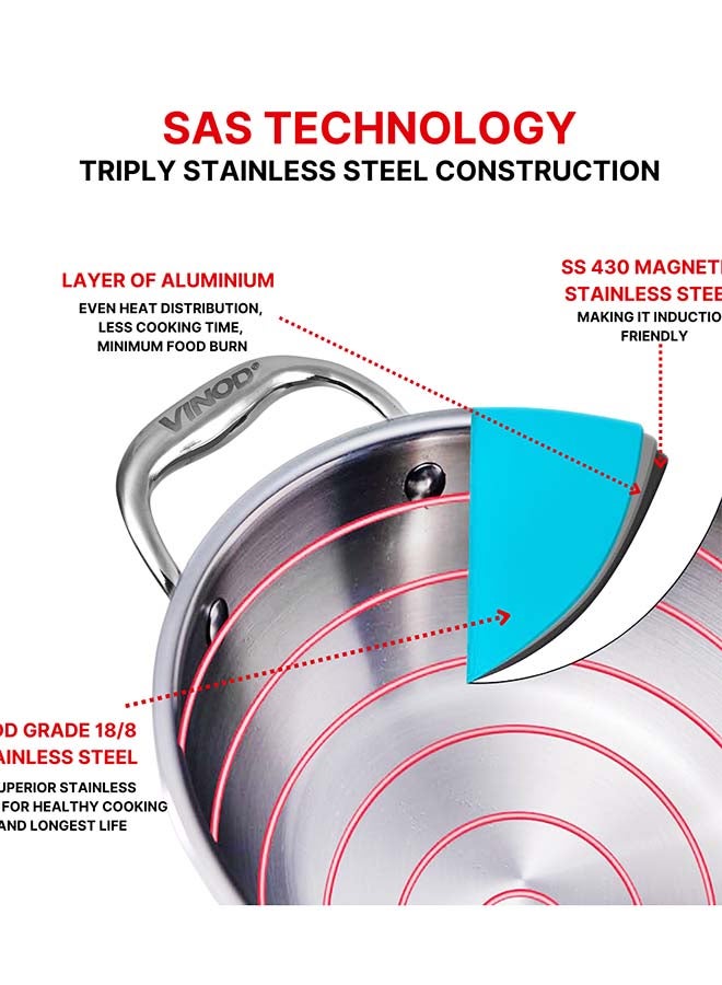 VINOD قدر فينود بلاتينيوم ثلاثي الفولاذ المقاوم للصدأ مع غطاء زجاجي (22 سم، 2.5 لتر) | سمك 2.5 مم | قدر ثلاثي مع قاعدة ثقيلة | أواني الطهي ثلاثية الفولاذ المقاوم للصدأ مناسبة للطبخ بالحث | ضمان 5 سنوات - Image 3