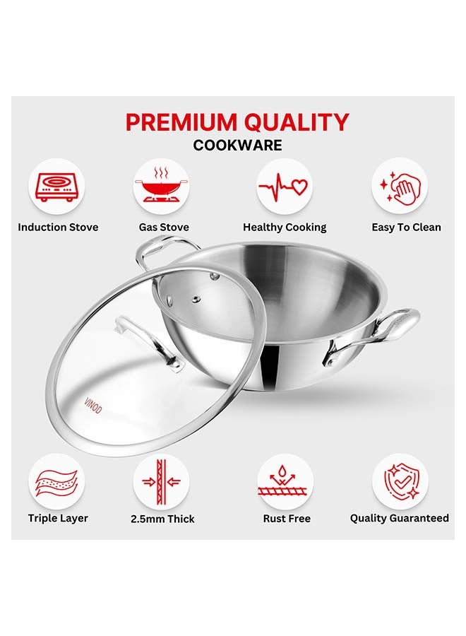 VINOD قدر فينود بلاتينيوم ثلاثي الفولاذ المقاوم للصدأ مع غطاء زجاجي (22 سم، 2.5 لتر) | سمك 2.5 مم | قدر ثلاثي مع قاعدة ثقيلة | أواني الطهي ثلاثية الفولاذ المقاوم للصدأ مناسبة للطبخ بالحث | ضمان 5 سنوات - Image 4