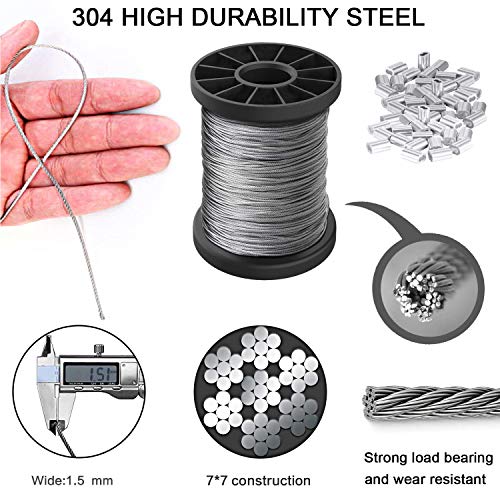 Cerpourt Picture Hanging Wire 1.5mm Up to 150lbs,100Feet(30.5M) Stainless Steel Wire Spool with 40Pcs Aluminum Crimping Loop Sleeve,Heavy Hanging Kit for Photo Frame Picture,Artwork,Mirror,String Light Hanging - Image 2