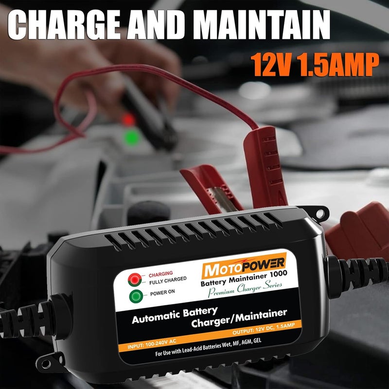 موتوباور MOTOPOWER MP00206A 12V 1.5 أمبير شاحن بطارية تلقائي، محافظ على البطارية للسيارات، الدراجات النارية، مركبات ATV، المركبات الترفيهية، الرياضات القوية، القوارب والمزيد - Image 2