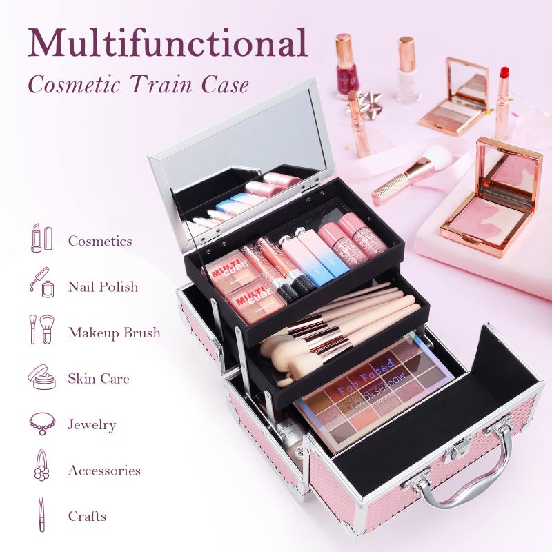 FRENESSA Makeup Train Case Makeup Box Organizer Portable Cosmetic Travel Case Makeup Case with Mirror Locking Make Up Cases Organizers and Storage for Nail Supplies Hard Cosmetic Box Shiny Pink - Image 2