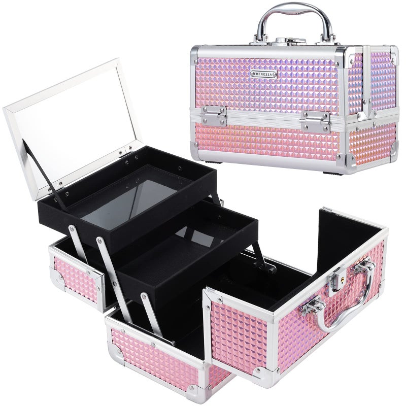 FRENESSA Makeup Train Case Makeup Box Organizer Portable Cosmetic Travel Case Makeup Case with Mirror Locking Make Up Cases Organizers and Storage for Nail Supplies Hard Cosmetic Box Shiny Pink - Image 1