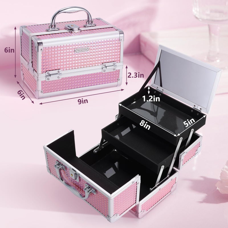 FRENESSA Makeup Train Case Makeup Box Organizer Portable Cosmetic Travel Case Makeup Case with Mirror Locking Make Up Cases Organizers and Storage for Nail Supplies Hard Cosmetic Box Shiny Pink - Image 3