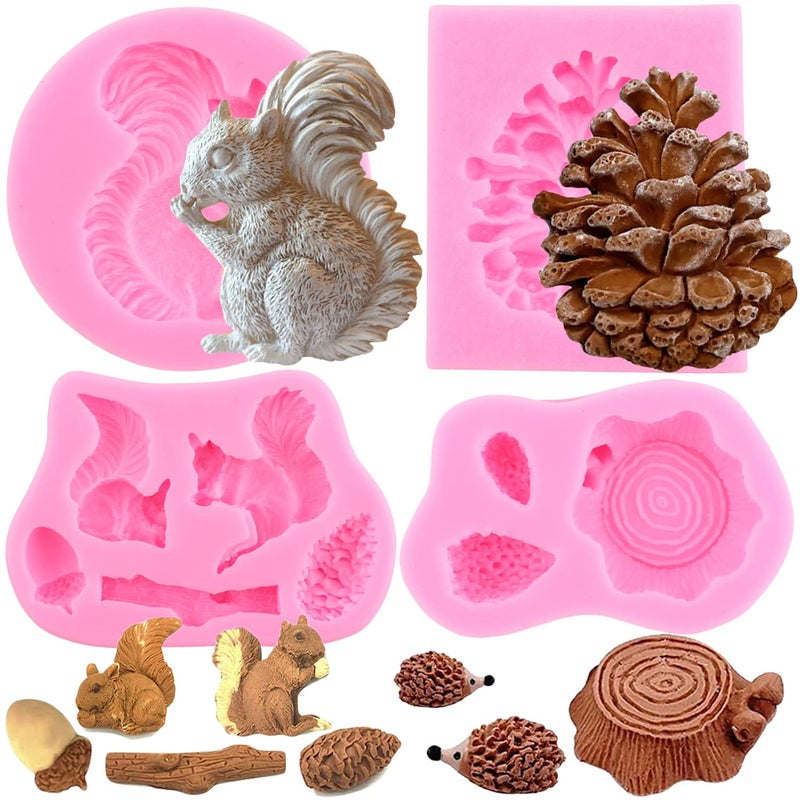 zixiang Zixiang Forest Animal Silicone Mold Squirrel Pine Cones Fondant Mold Hedgehog Stump Tree Trunk Candy Molds For Cake Decorating Cupcake Topper Chocolate Gum Paste Polymer Clay Set Of 4 - Image 1