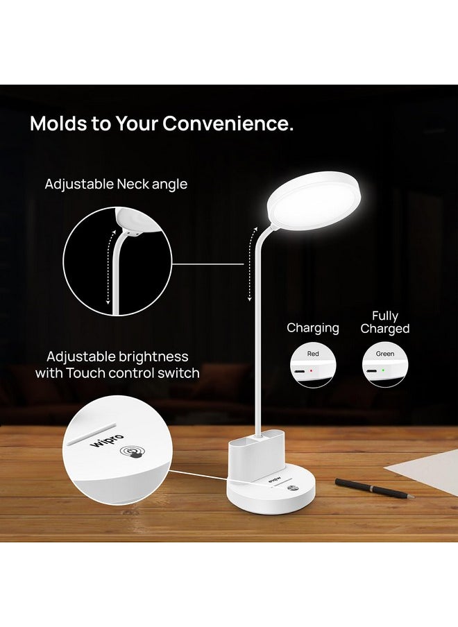 WIPRO - Wipro 5W Rechargable Table lamp 3 Grade Dimming (TL3), USB-C Charging | LED Portable Desk Lamp for Study with Pen Stand | Easy Touch Control | Glare Free Lighting |Adjustable Light Head | Pack of 1 - Image 1