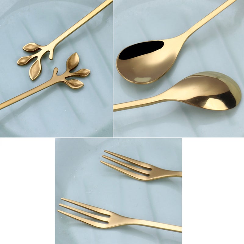6 Pcs Stainless Steel Fork Spoon Kit Creative 3-Leaf Flower Shape Design Dessert Fork Spoon Kitchen Supplies for Home Restaurant Hotel - 3 Spoons + 3 Forks(Golden ) - Image 3
