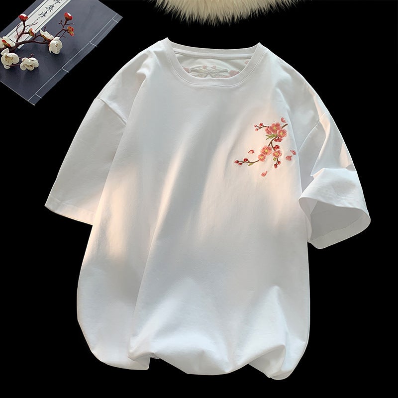 New Chinese Style Plum Blossom Print T-Shirt For Men And Women, Spring National Trend High Street Round Neck Couple Short-Sleeved Youth Sports T-Shirt - Image 1