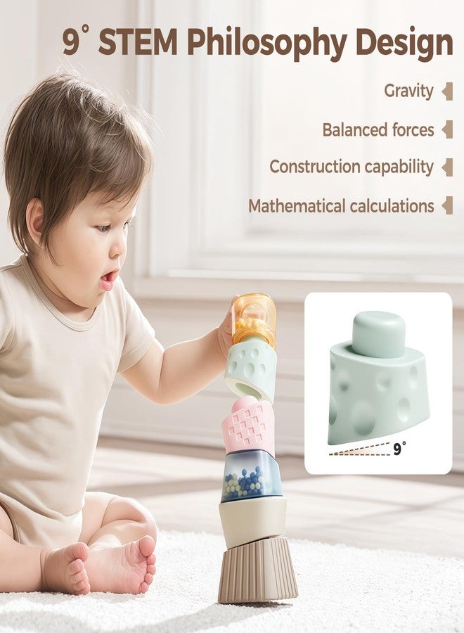 evoceler Stacking Toys for Toddlers 1-3，9° Stacking Blocks with 2 Rattles & Teethers, Soft Balance Learning Baby Toys 6-12 Months,Sensory Montessori Toy for 1 Year Old, Boys Girls Gift, 6 Blocks Set - Image 4