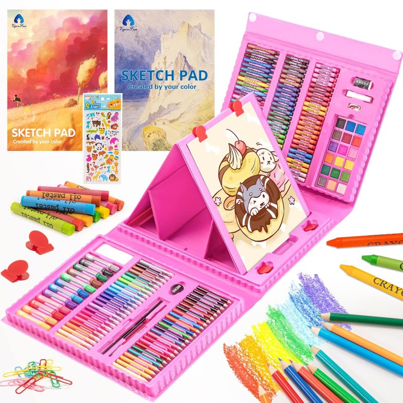 VigorFun Art Supplies, 240-Piece Drawing Art Kit, Gifts for Kids Girls Boys Teens, Art Set Crafts Case with Double Sided Trifold Easel, Includes Sketch Pads, Crayons, Colored Pencils (Pink) - Image 1