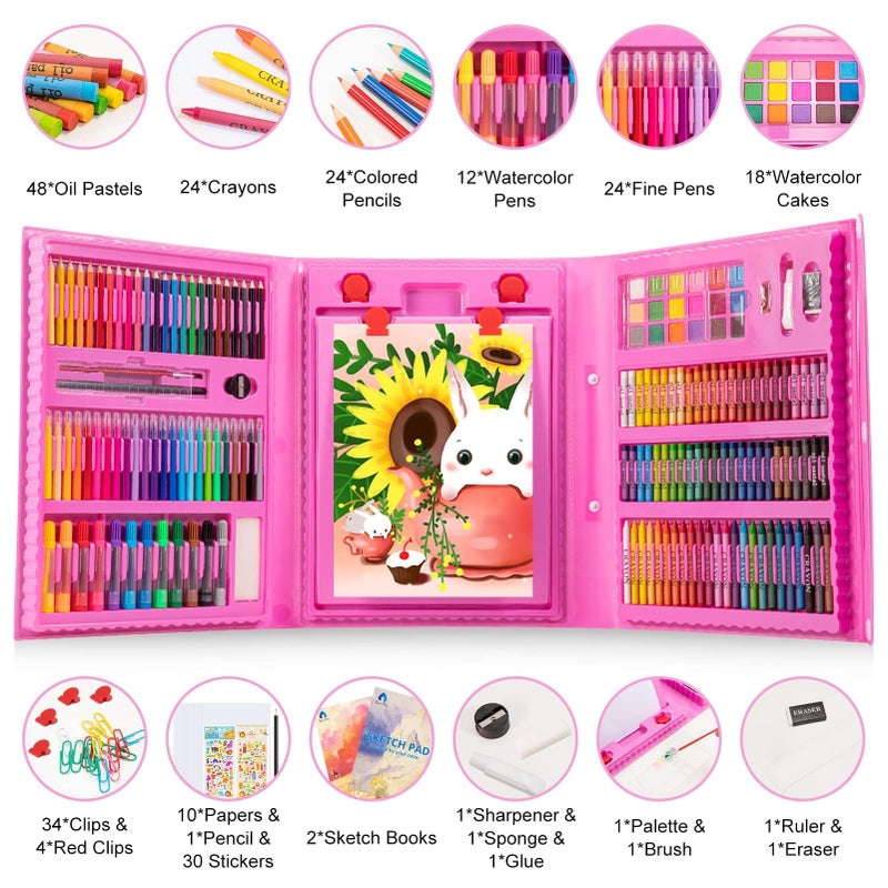 VigorFun Art Supplies, 240-Piece Drawing Art Kit, Gifts for Kids Girls Boys Teens, Art Set Crafts Case with Double Sided Trifold Easel, Includes Sketch Pads, Crayons, Colored Pencils (Pink) - Image 2