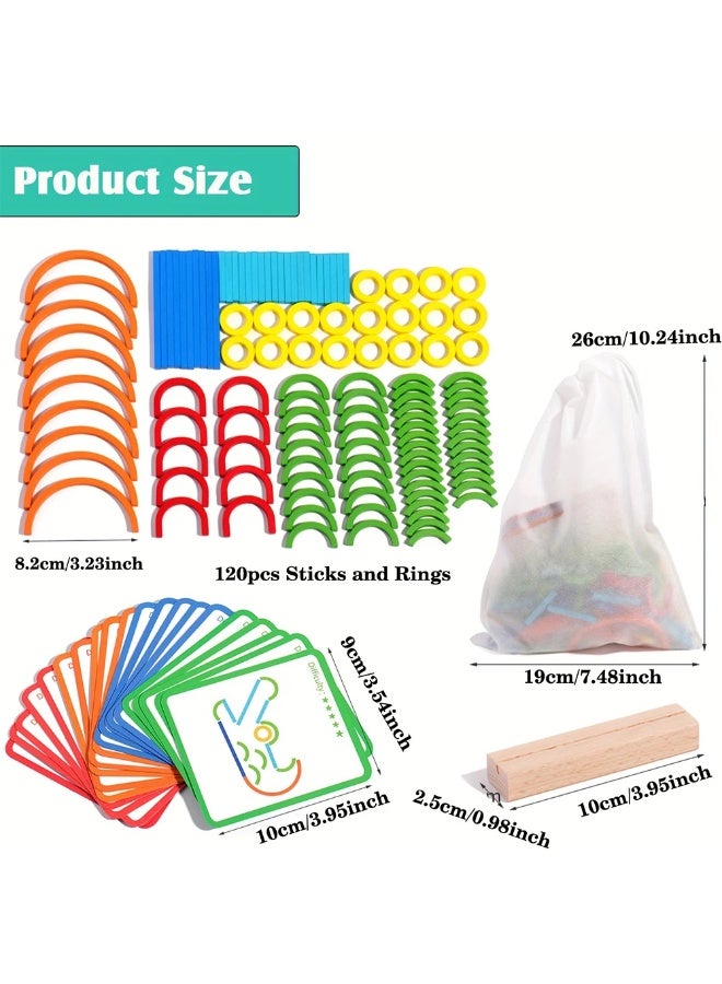 ف.ا.م.س مجموعة عيدان وحلقات منتسوري التعليمية – 120 قطعة مع بطاقات مزدوجة الوجه وقاعدة خشبية وكيس تخزين | لتعليم الأشكال والألوان والحروف للأطفال بعمر 3 سنوات فأكثر - Image 5