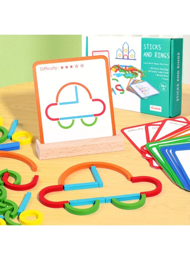 ف.ا.م.س مجموعة عيدان وحلقات منتسوري التعليمية – 120 قطعة مع بطاقات مزدوجة الوجه وقاعدة خشبية وكيس تخزين | لتعليم الأشكال والألوان والحروف للأطفال بعمر 3 سنوات فأكثر - Image 4